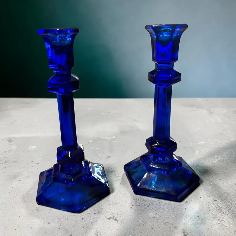 Vintage Pair Cobalt Blue Glass Hexagon Taper Candlesticks Holders 6